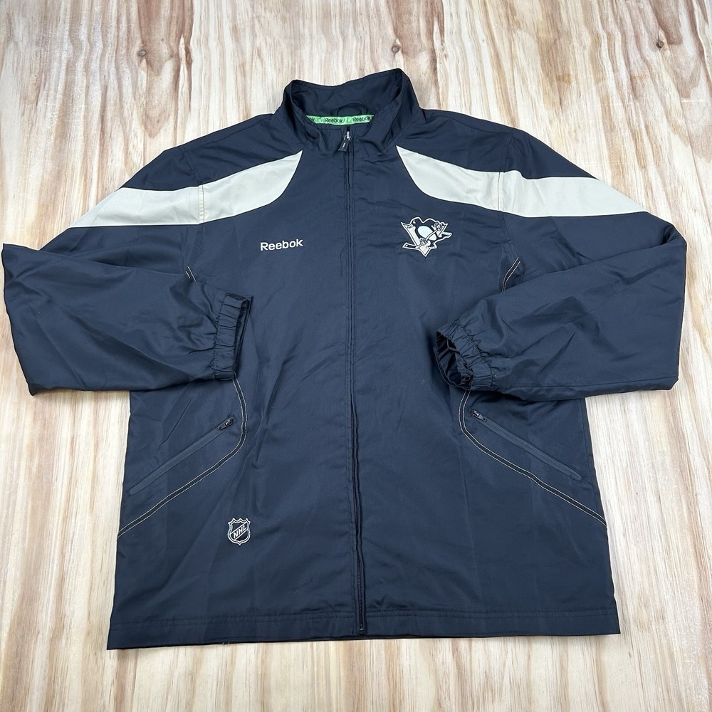 Y2K Reebok Men's Large Pittsburgh Penguins Black Windbreaker Jacket NHL Hockey